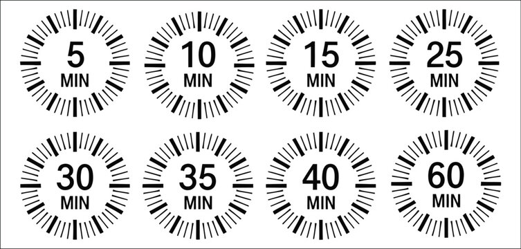 Countdown timer icons with circular 5 to 60 minute indicators for user interface, fitness apps, digital dashboards, and video overlays, vector, designs