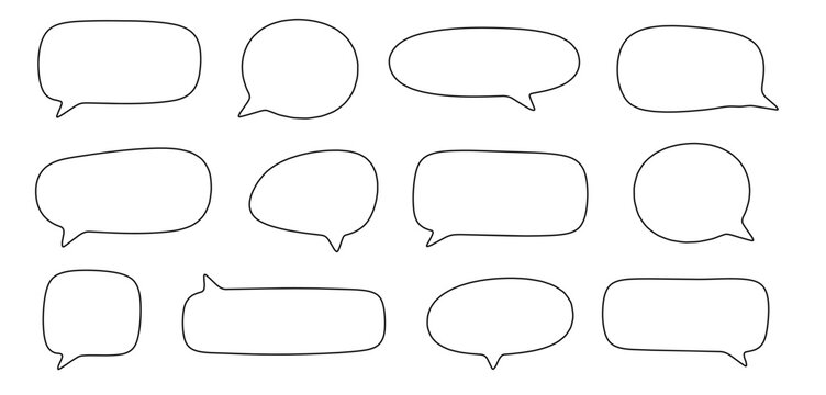 Doodle-style speech bubble template set with dialogue balloons, text boxes, quote frames, conversation tags and message banners isolated on a white background. Vector outline illustration.