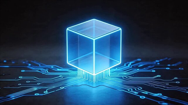 Blue glowing cube on circuit board