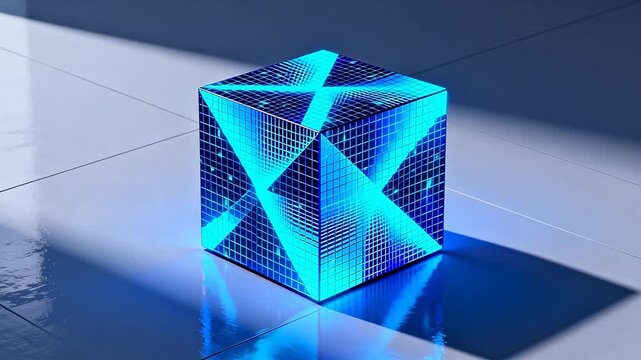 Blue glowing cube on reflective floor