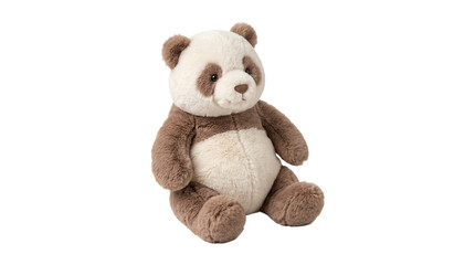 A fluffy panda bear plush toy with brown and white fur, sitting calmly and looking forward. © Isolated_png