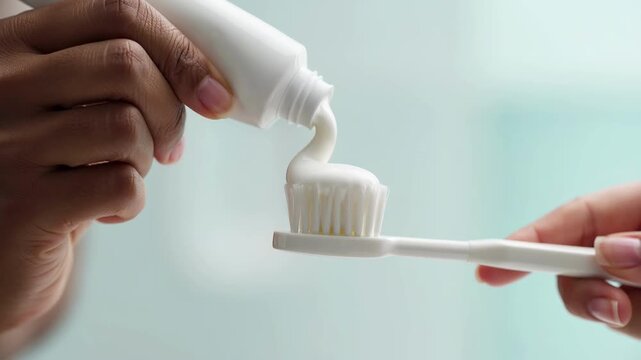 Applying toothpaste to a toothbrush in a bright bathroom setting