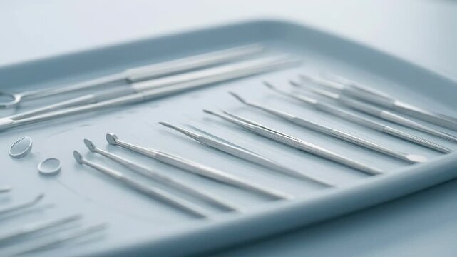 Close-up of sterile dental instruments laid out on a tray for examination