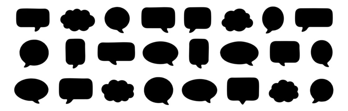 Hand-drawn black speech bubble silhouettes featuring simple doodle frames for comic dialogue, chat messages, text boxes, communication graphics and flat vector design.