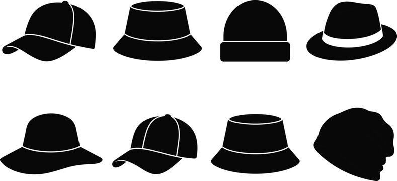 Hats and caps silhouette vector icons set featuring baseball cap panama fedora and winter beanie headwear