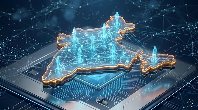 Glowing 3D map of India on computer microchip with connected human figures symbolizing national IT infrastructure and digital population growth