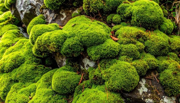 Clumps of green moss on stony ground