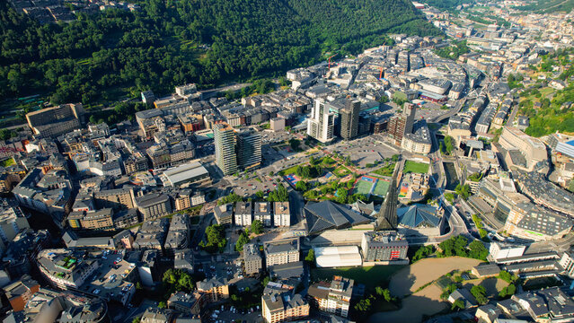 Aerial view of the downtown above the city and captiol of Andorra in the country of Andorra, on a sunny spring morning.
