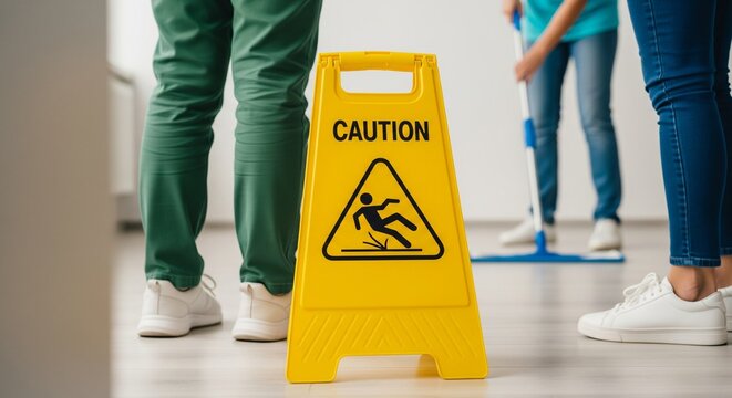 Caution Wet Floor Sign Placed on Floor as People Mop and Walk Past, Warning of Slippery