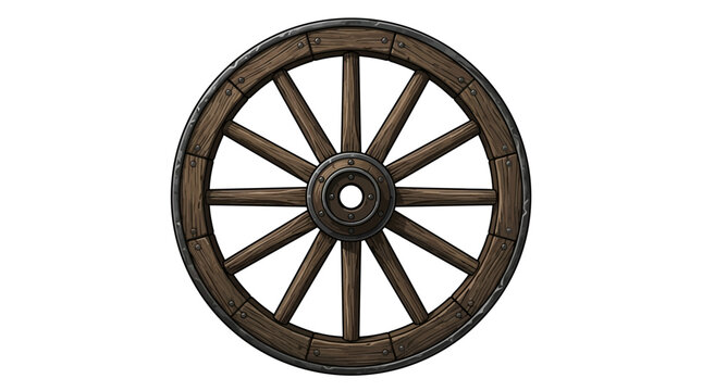 pioneer day Rustic wooden wagon wheel, antique wheelbarrow, vintage cart wheel, brown wooden wheel isolated on White Background flat vector eps silhouette