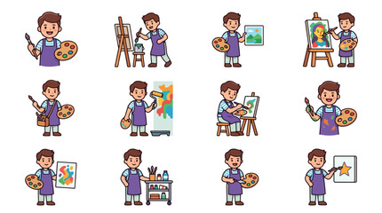 Fototapeta premium Modern Cartoon Illustrations of a Child Artist Engaged in Various Creative Painting Activities with Bright Colors and Art Supplies