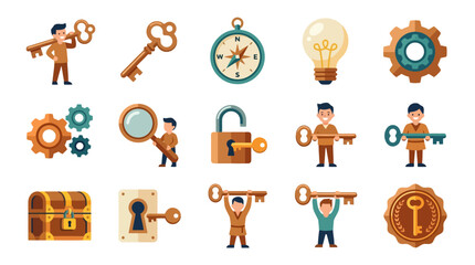 Fototapeta premium Modern Flat Set of Keys Gears Treasure Chest and Locks with Happy Characters in Earthy Tones with high quality professional line art symbols for modern creative design and digital branding projects