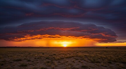 Fototapeta premium Dramatic Sunset Over Arid Landscape with Storm Clouds