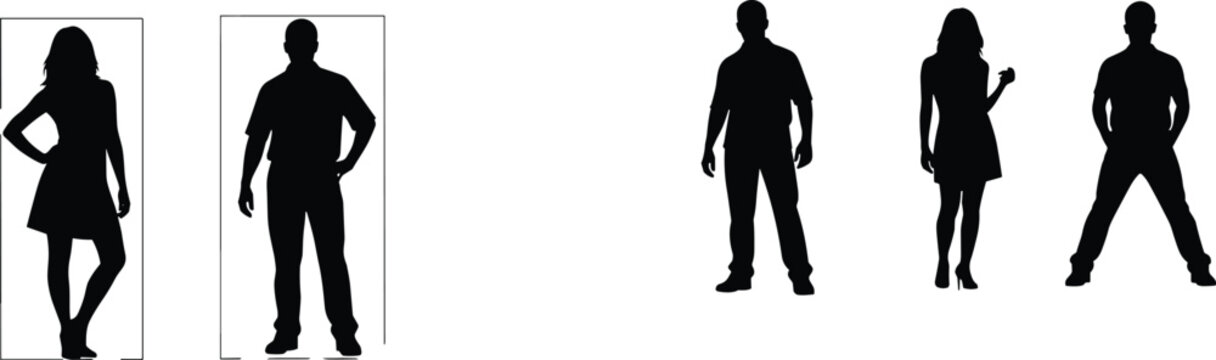 Human silhouette collection showing male and female standing poses for design and posture reference