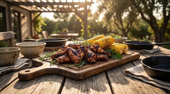 A rustic wooden table set for an outdoor dinner featuring delicious alitas de pollo served with charred corn on a sunny garden patio at sunset