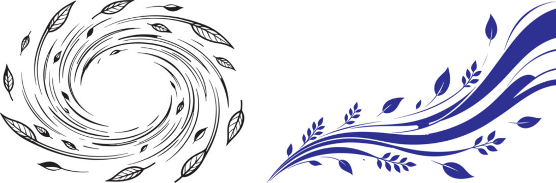 Abstract wind swirl and flowing wave vector graphics with leaves for nature and motion design elements
