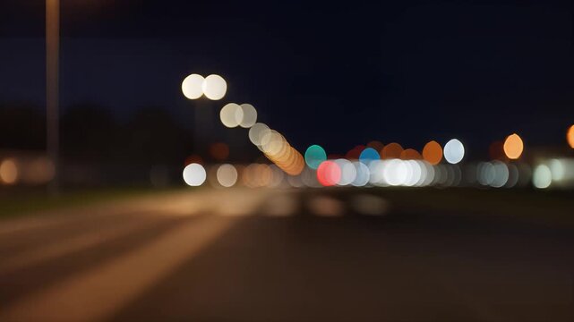 Blurred Night Road Driving POV with Abstract Bokeh Lights for Urban Transit Background