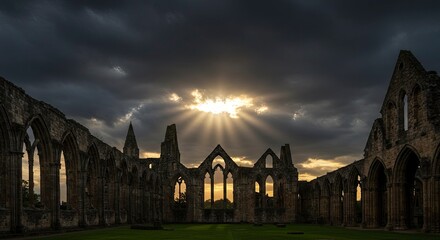 Fototapeta premium Dramatic Sunset Rays Through Ancient Abbey Ruins