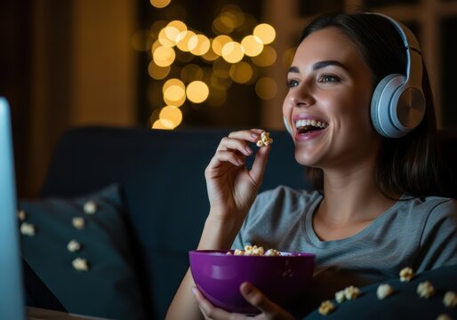 Happy Young Woman Wearing Headphones Watching Movie and Eating Popcorn at Night on Sofa with Bokeh Background