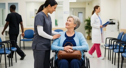 Naklejka premium Caring nurse assists senior woman in wheelchair in a hospital waiting area, doctor in background