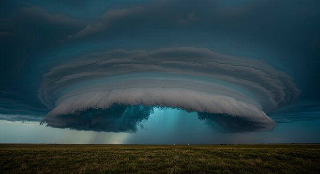 Dramatic Supercell Thunderstorm Cloud Formation Over Grassy Plains