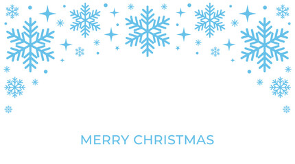 Fototapeta premium Merry Christmas greeting card design with blue snowflakes border on white background.