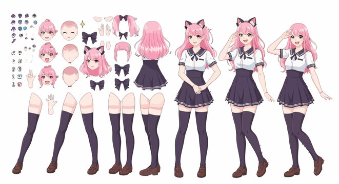 Cute Anime Girl Character Design Reference Sheet Featuring Pink Hair Cat Ears and Japanese School Uniform Expressions and Poses