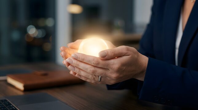 Woman holding glowing orb concept of innovation and new ideas in business