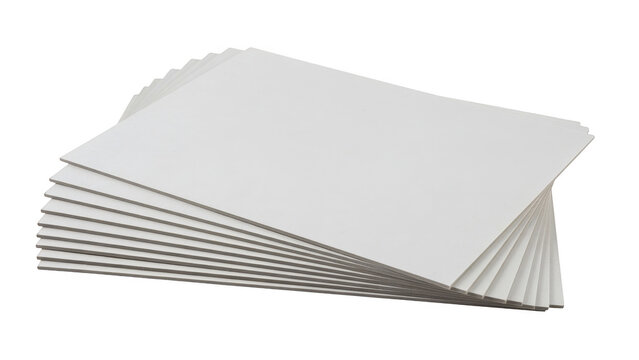 Stack of blank white paper sheets fanned out on a flat surface for office use isolated on transparent background