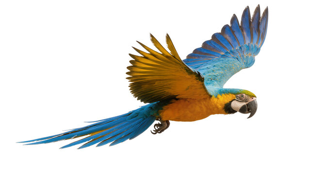 Blue and yellow macaw bird in flight, isolated on transparent background