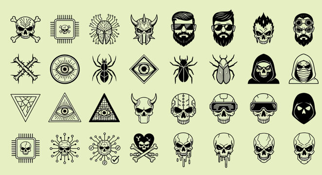 Collection of Gothic and Cyberpunk Skull Icons and Occult Symbol Vector Set