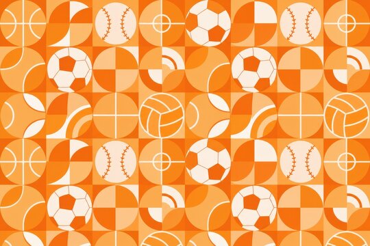 Vibrant geometric pattern featuring soccer ball, baseball, volleyball, and target icons on gradient orange background, modern retro sports design for branding, marketing, or editorial use