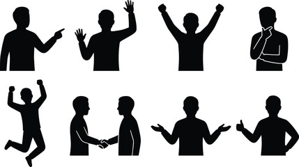 Men communication and body language silhouettes set featuring pointing waving thinking handshaking and celebrating poses © MstSarjina