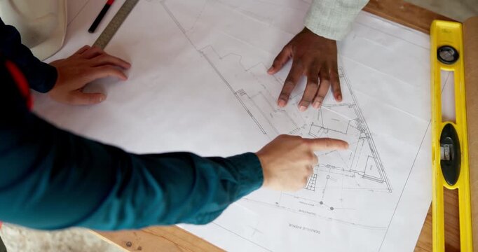 Architecture, team and hands with floorplan for planning, design update and pointing at changes. Above, men and blueprint at worksite for engineering, explain infrastructure and project management