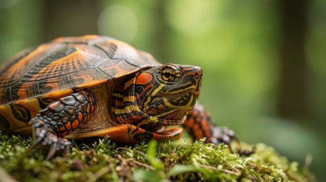 A close-up of a colorful turtle resting on mossy ground with a blurred green forest background.