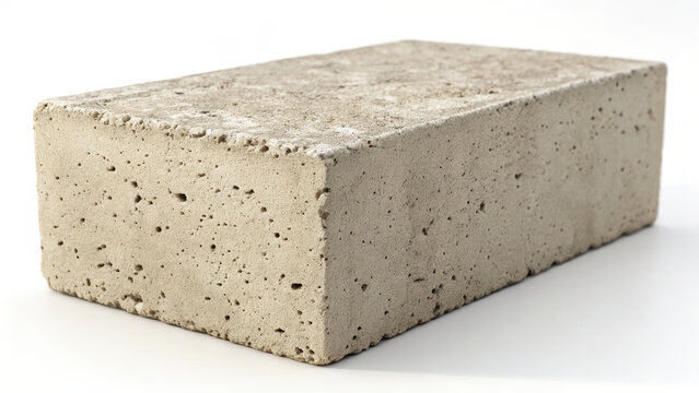 A single concrete brick with a rough texture, showing small pores and a rectangular shape, presented on a plain surface
