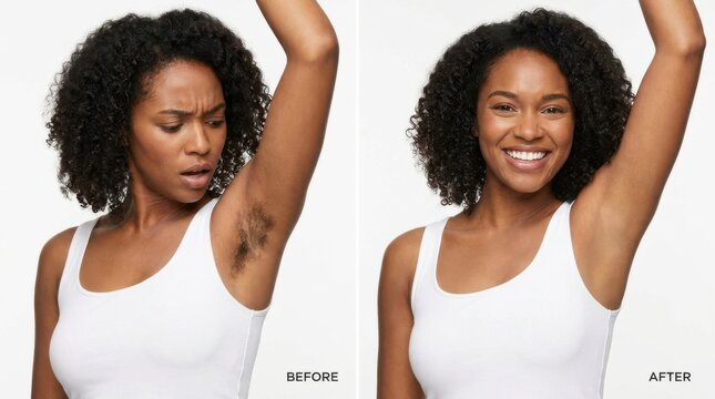 Woman comparing underarm hair before and after hair removal in a studio setting