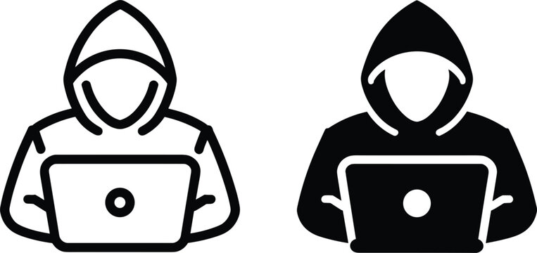 Hacker icon outline and solid black silhouette using laptop on white background symbol