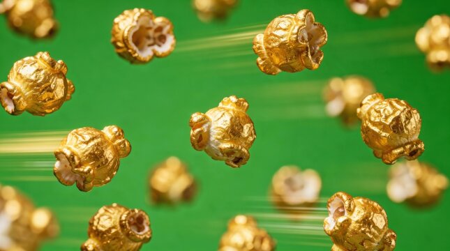 Golden popcorn kernels flying against a green background, highlighting texture and shine in a dynamic, surreal composition.