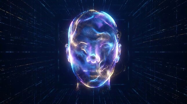 Abstract digital human head with glowing aura and network background