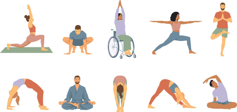 Diverse People Doing Yoga And Meditation Vector Icon Set Featuring Inclusive Characters Wheelchair Athlete Stretching And Practicing Wellness Exercises For Health Designs