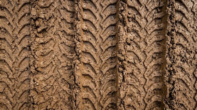 Close up of wet brown mud showing rugged tire tread patterns.