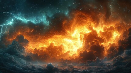 Fototapeta premium Cosmic Nebula Featuring Glowing Orange Fire And Teal Stardust In Deep Space