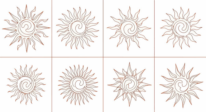 Collection of eight minimalist sun icons in continuous line art style with spiral centers and wavy rays, brown linear stroke on white background, celestial sunburst vector graphics.