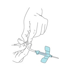 Obraz premium Hand holding a blood donor injection tube illutration line art drawing. Medical and health illustration