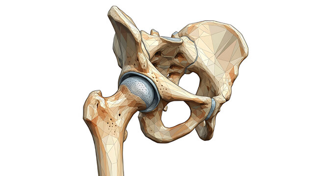Artistic low-poly illustration of a human pelvis with detailed anatomy highlighting bone structure and hip joint