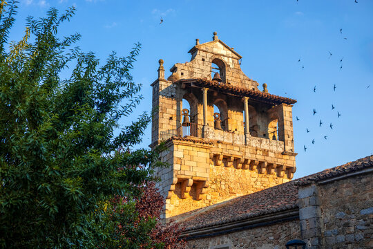 View of the bell tower of the parish church of San Mart&iacute;n in San Mart&iacute;n del Casta&ntilde;ar, Salamanca, Castile and Le&oacute;n.