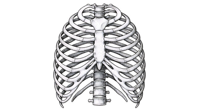 anatomical illustration of human ribcage displaying detailed skeletal structure and spinal connection for educational use