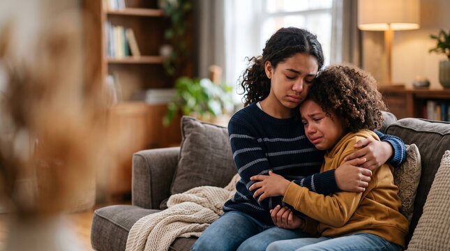 Emotional family moment as older sister comforts crying younger sibling on sofa at home with empathy and support