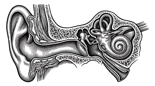 Detailed anatomical illustration of the human ear showing external, middle, and inner ear structures in black and white